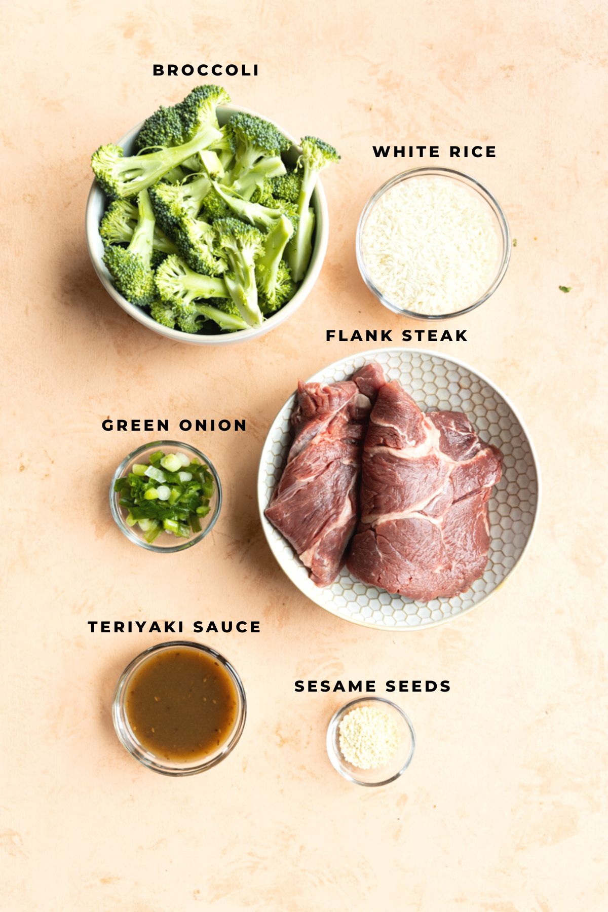 Ingredients measured out for teriyaki beef bowls.