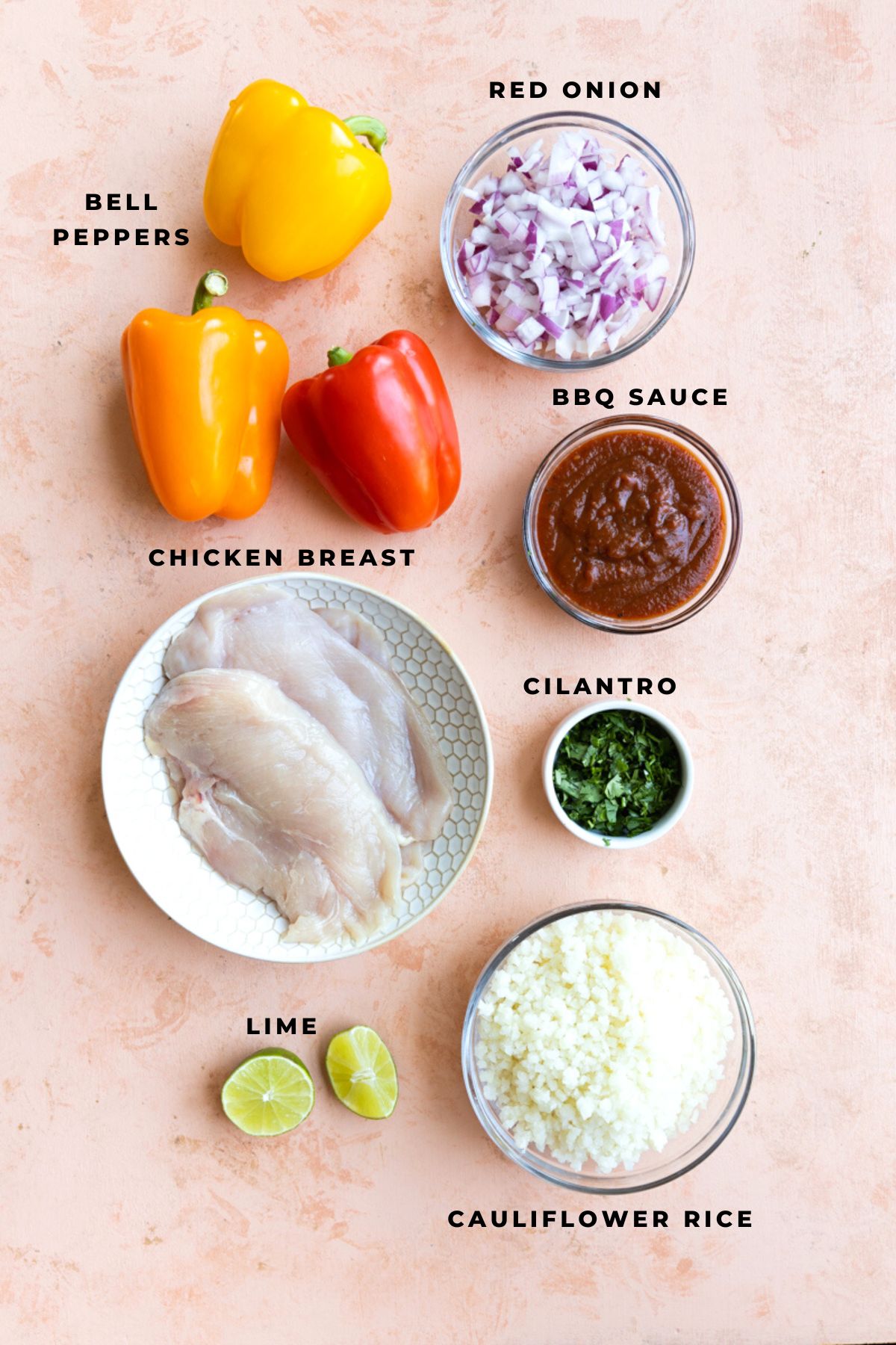 Ingredients measured out for bbq chicken stuffed peppers.