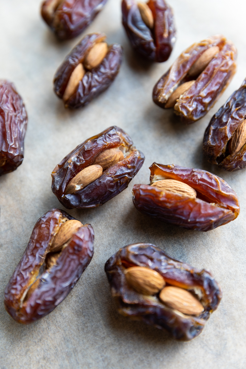 Medjool dates stuffed with raw almonds.