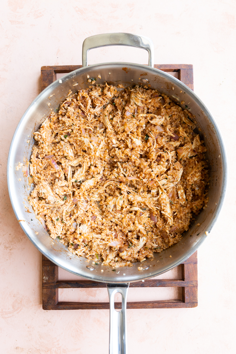 BBQ chicken filling in a pan.