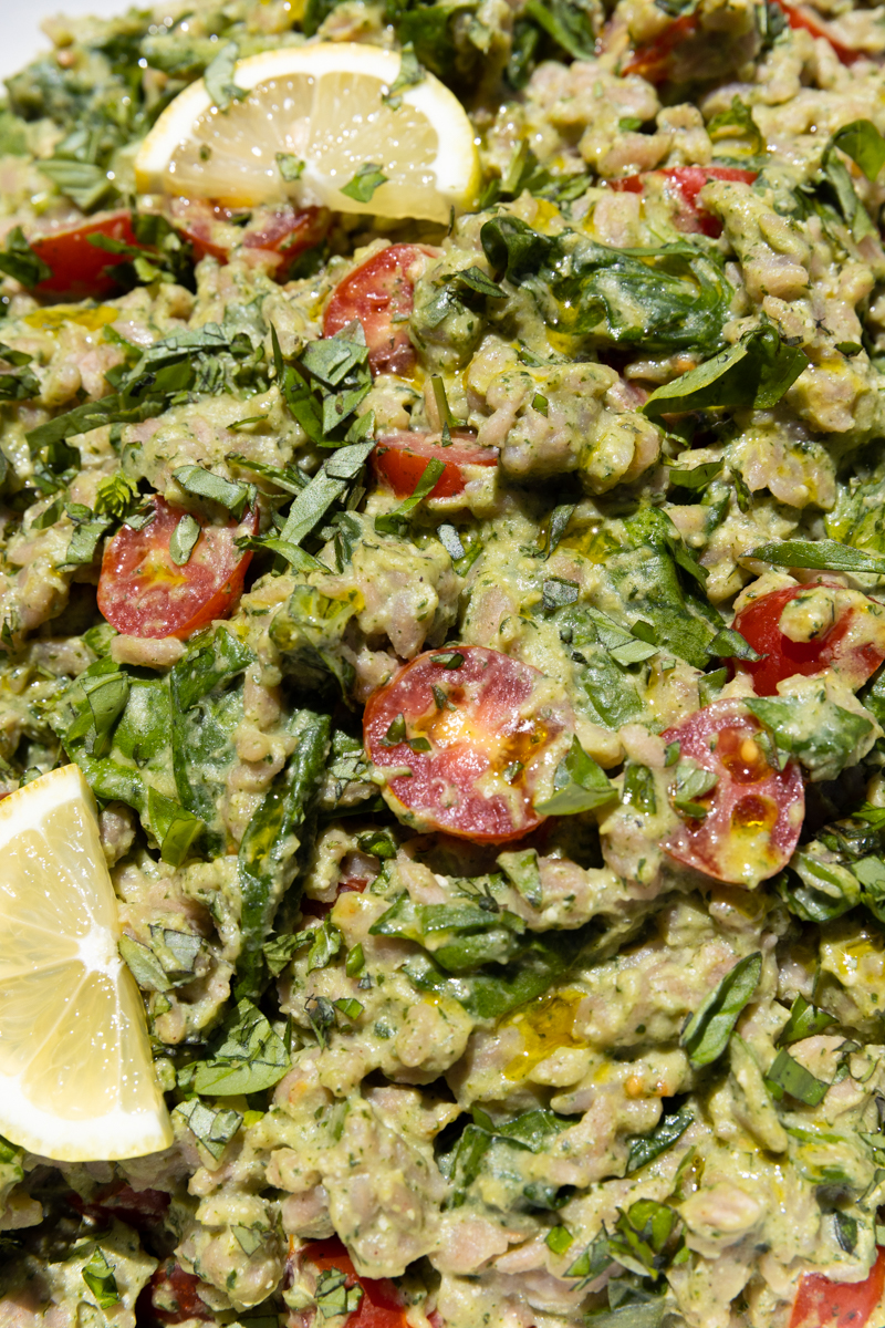 Close up picture of pesto orzo salad.