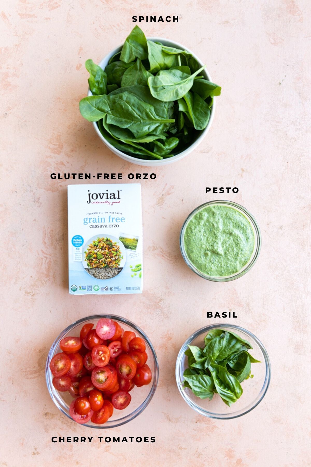 Ingredients measured out for pesto orzo salad.