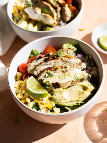 Southwest chicken salad in a white bowl.