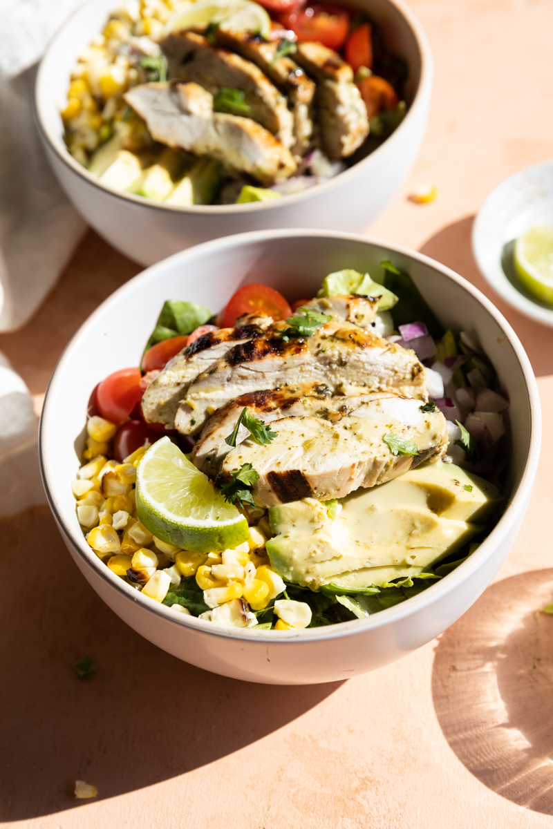 Southwest chicken salad in a white bowl.