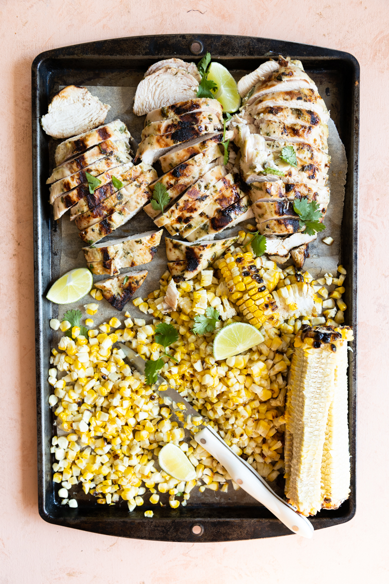 Chopped chicken and grilled corn.