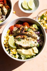 Southwest chicken salad in a white bowl.