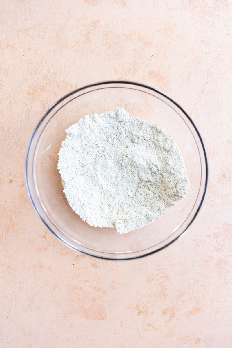 Dry ingredients in a glass bowl.