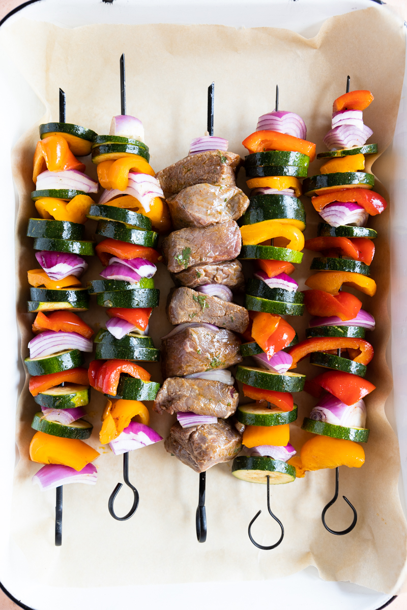 Steak and vegetable kabobs prepped and ready to be grilled.