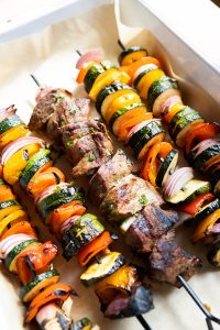 Grilled steak and vegetable kabobs.