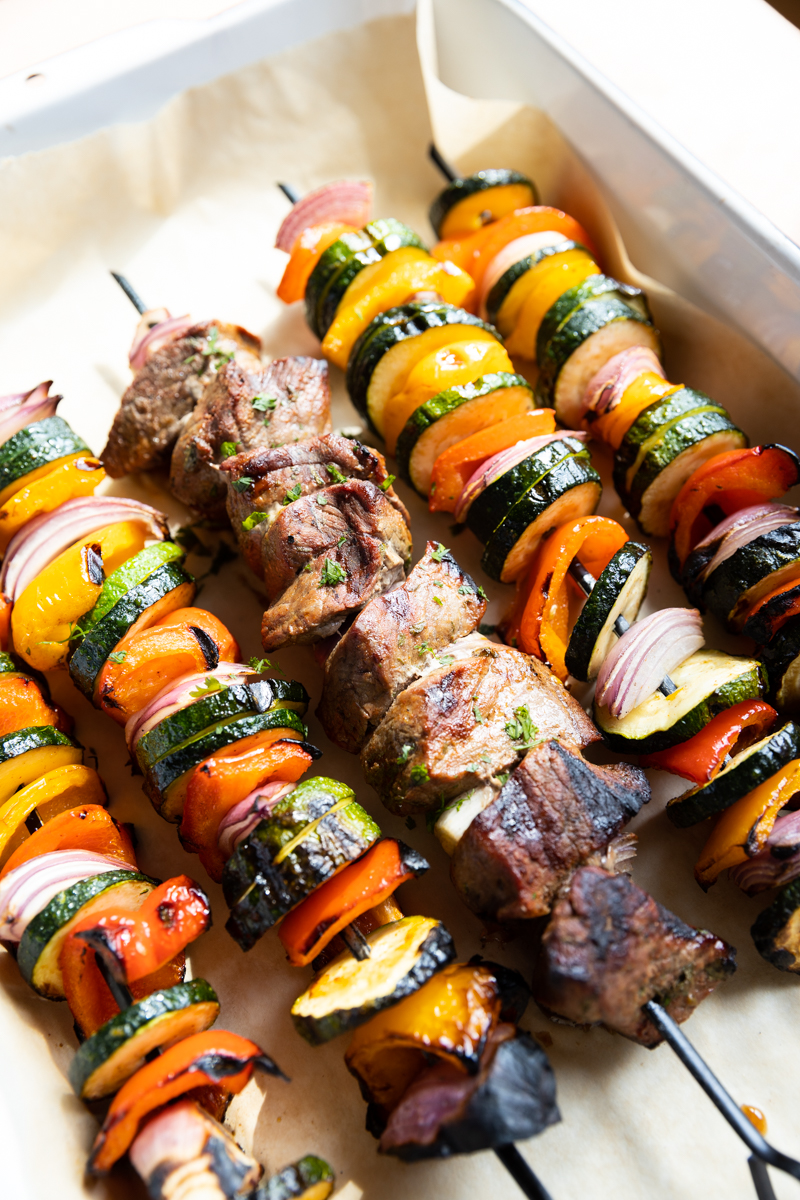 Grilled steak and vegetable kabobs.
