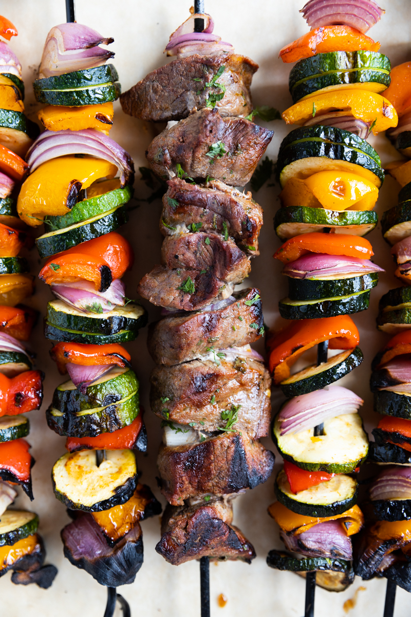 Overhead picture of steak and vegetable kabobs.