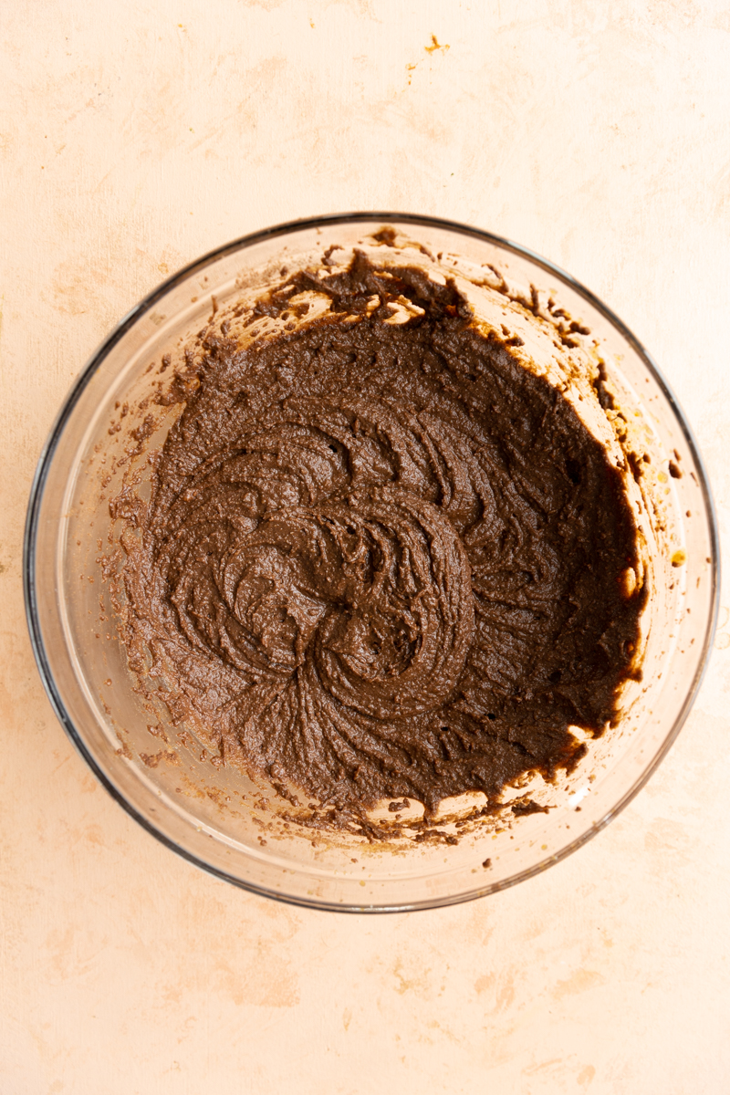 Almond flour brownie batter in large mixing bowl.