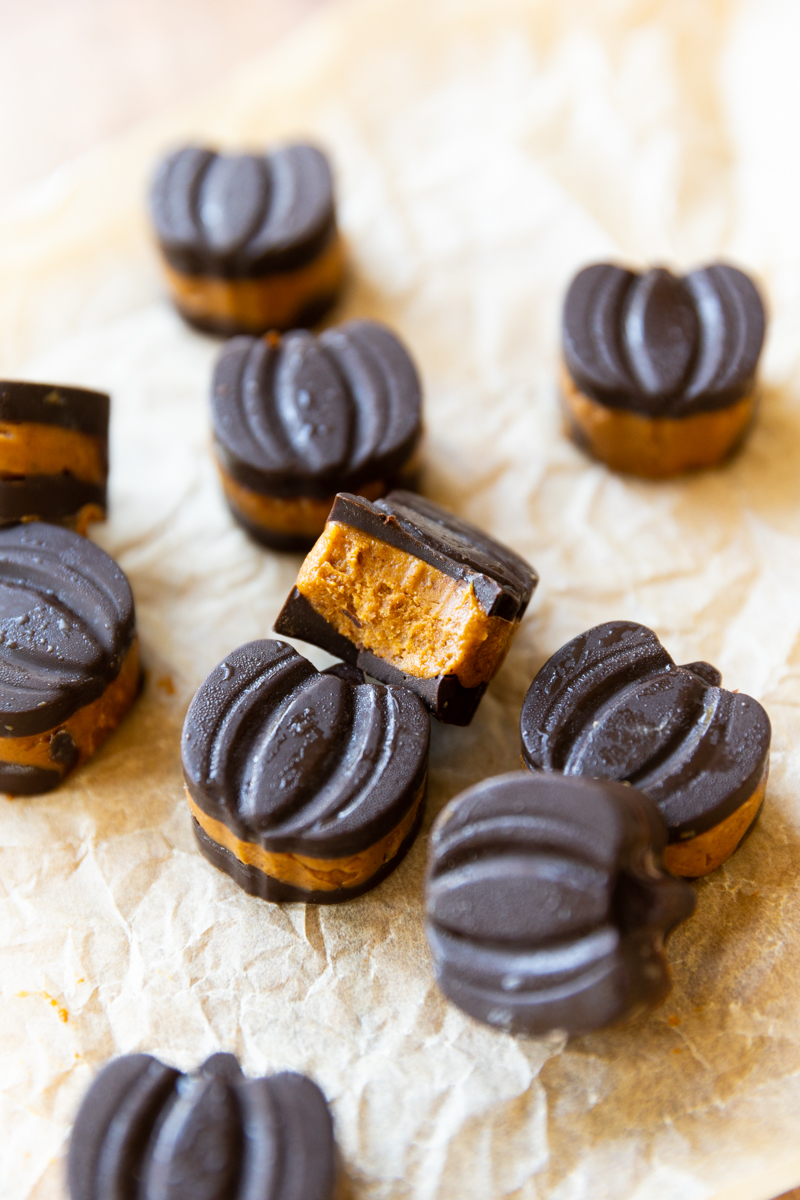 Chocolate pumpkins with pumpkin spice filling.