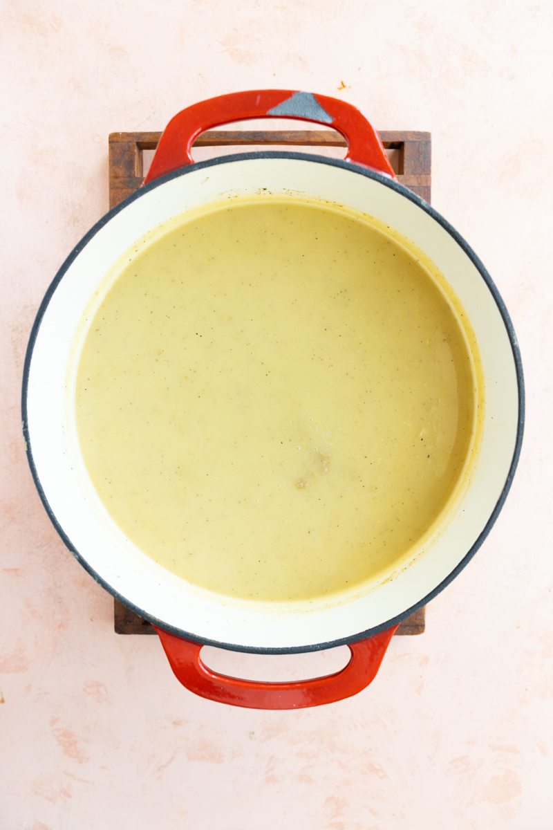 Chicken pot pie broth pureed in dutch oven.