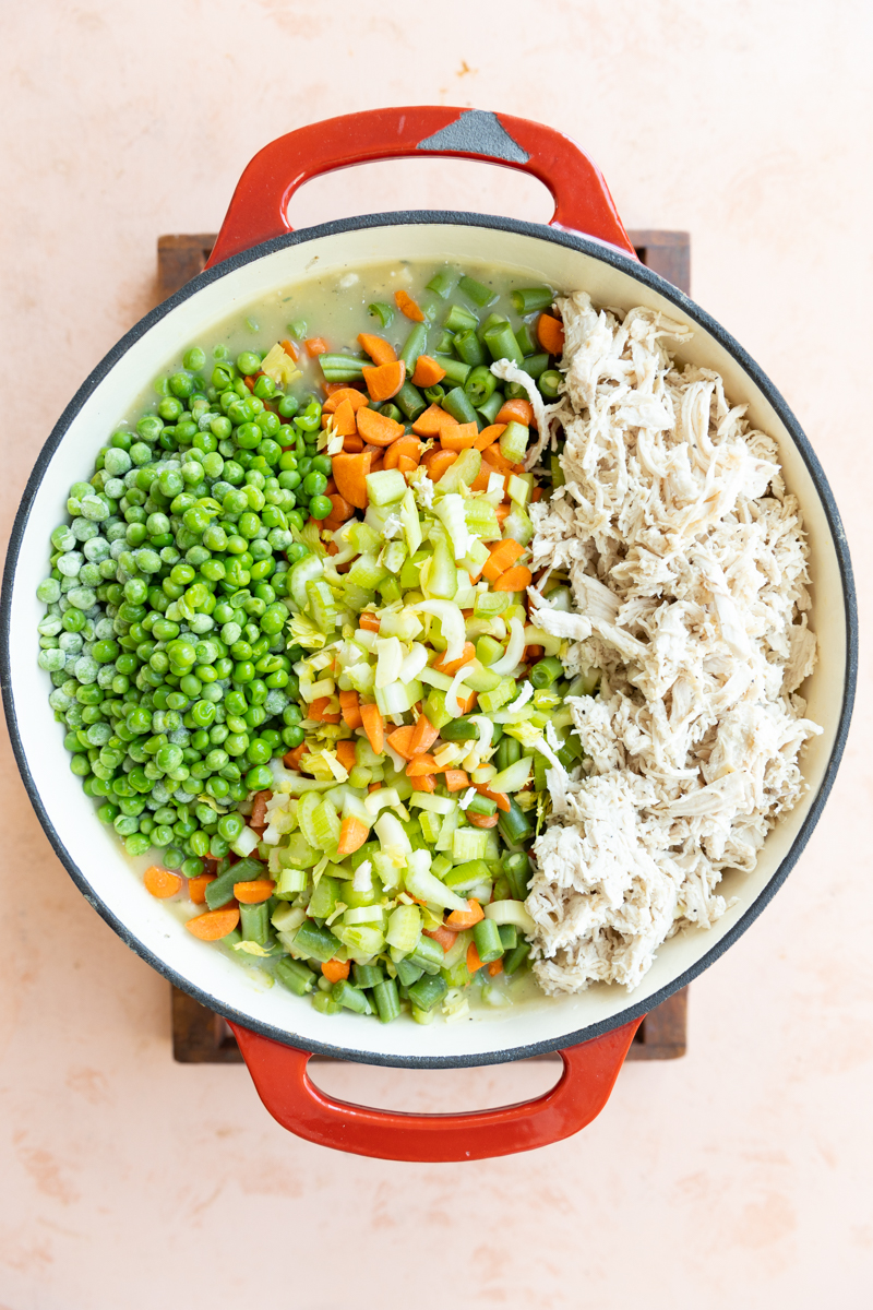 Carrots, celery, peas, green beans, and chicken added into soup.