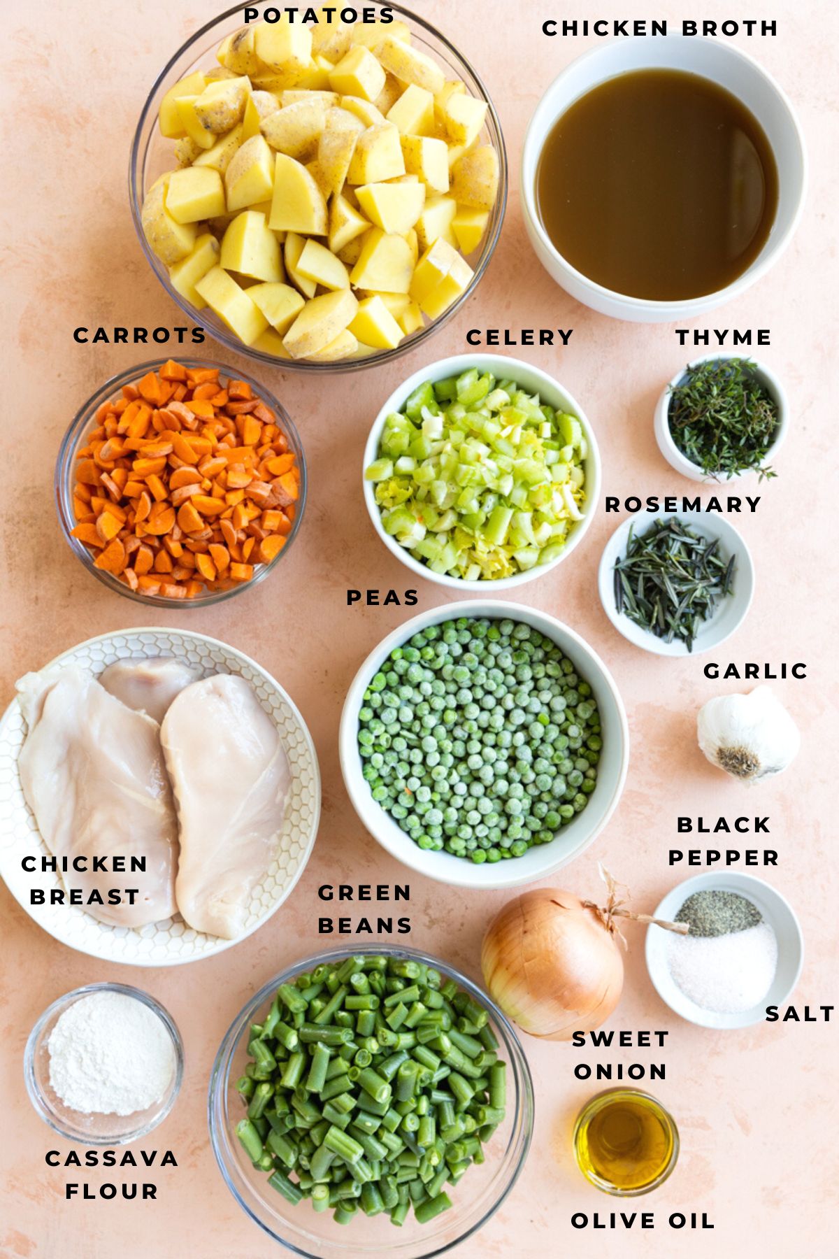 Chicken pot pie soup ingredients mesasured out in small bowls.