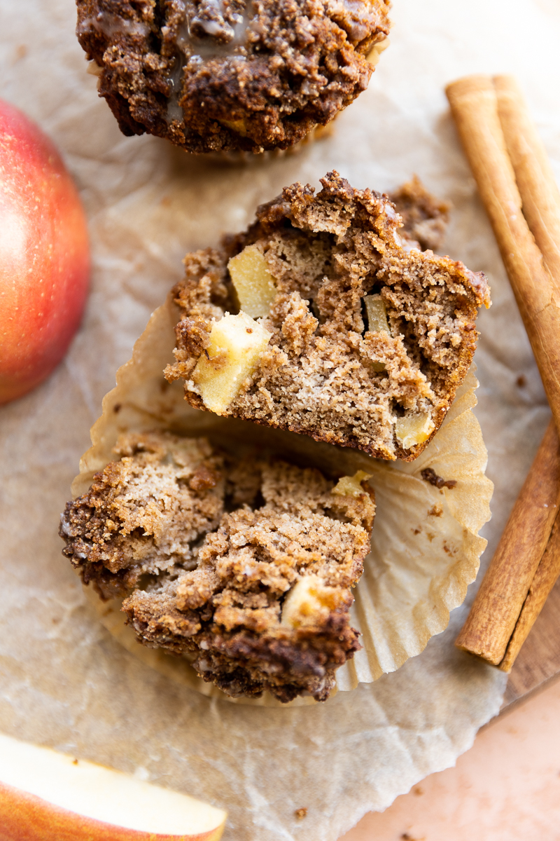 Apple crumble muffin cut in half.