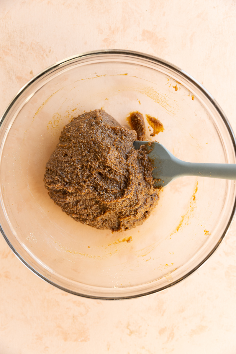 Cookie dough in a glass bowl.