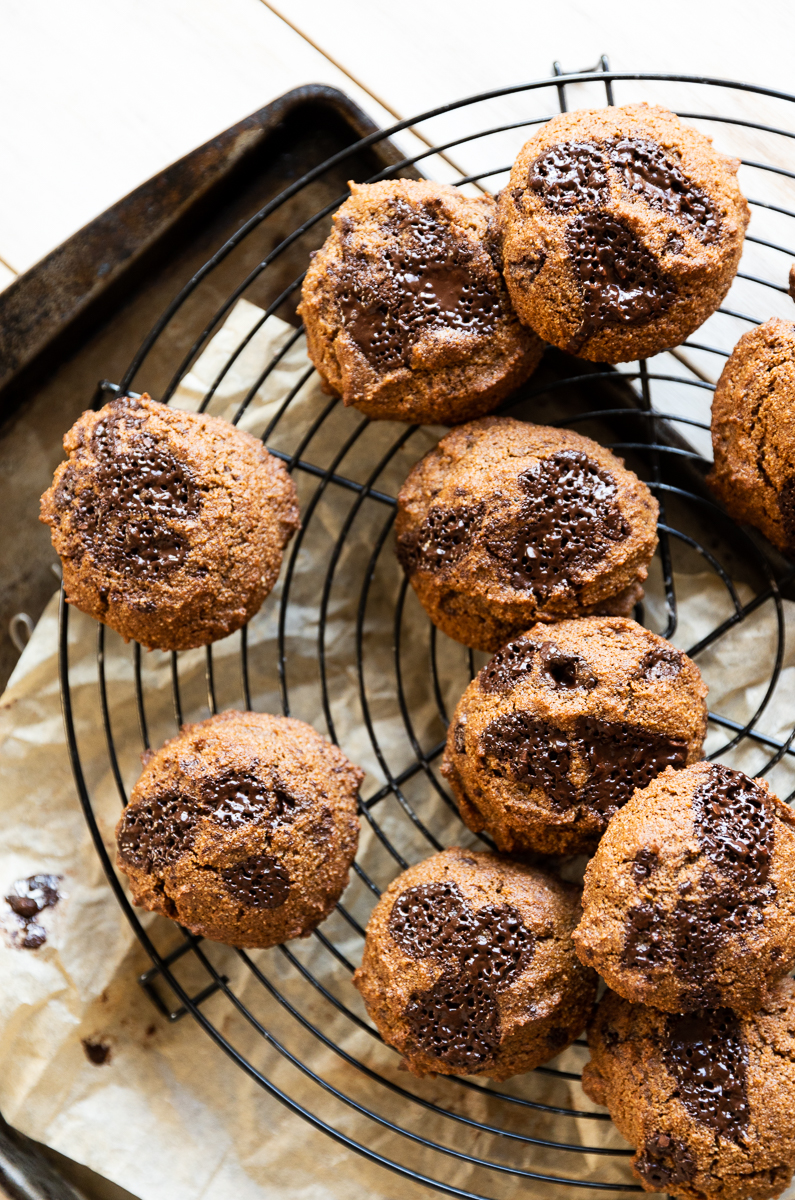 Pumpkin chocolate chip cookies cooling on metal rack.