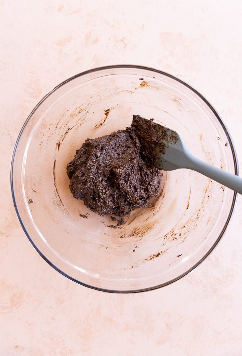 Donut batter in glass mixing bowl.