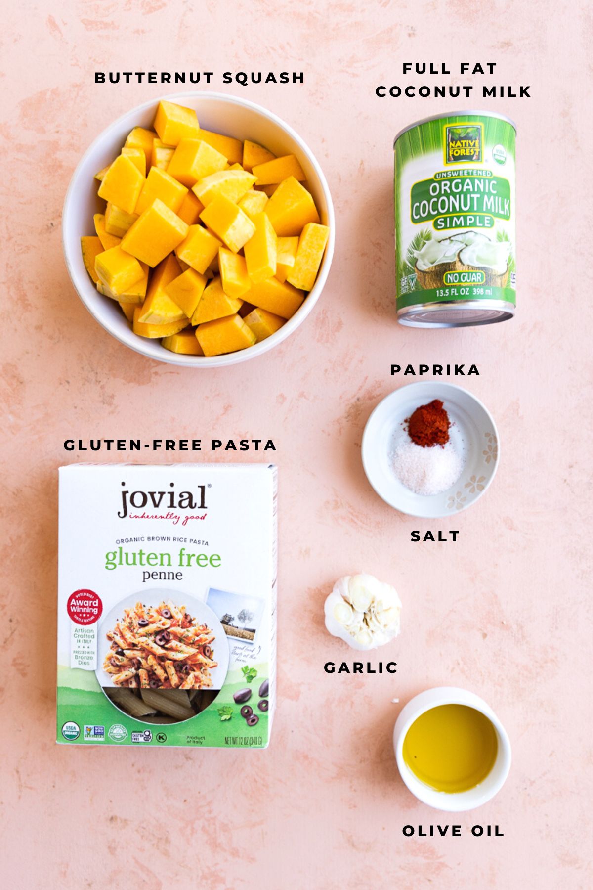 All ingredients for creamy butternut squash pasta sauce measured out.
