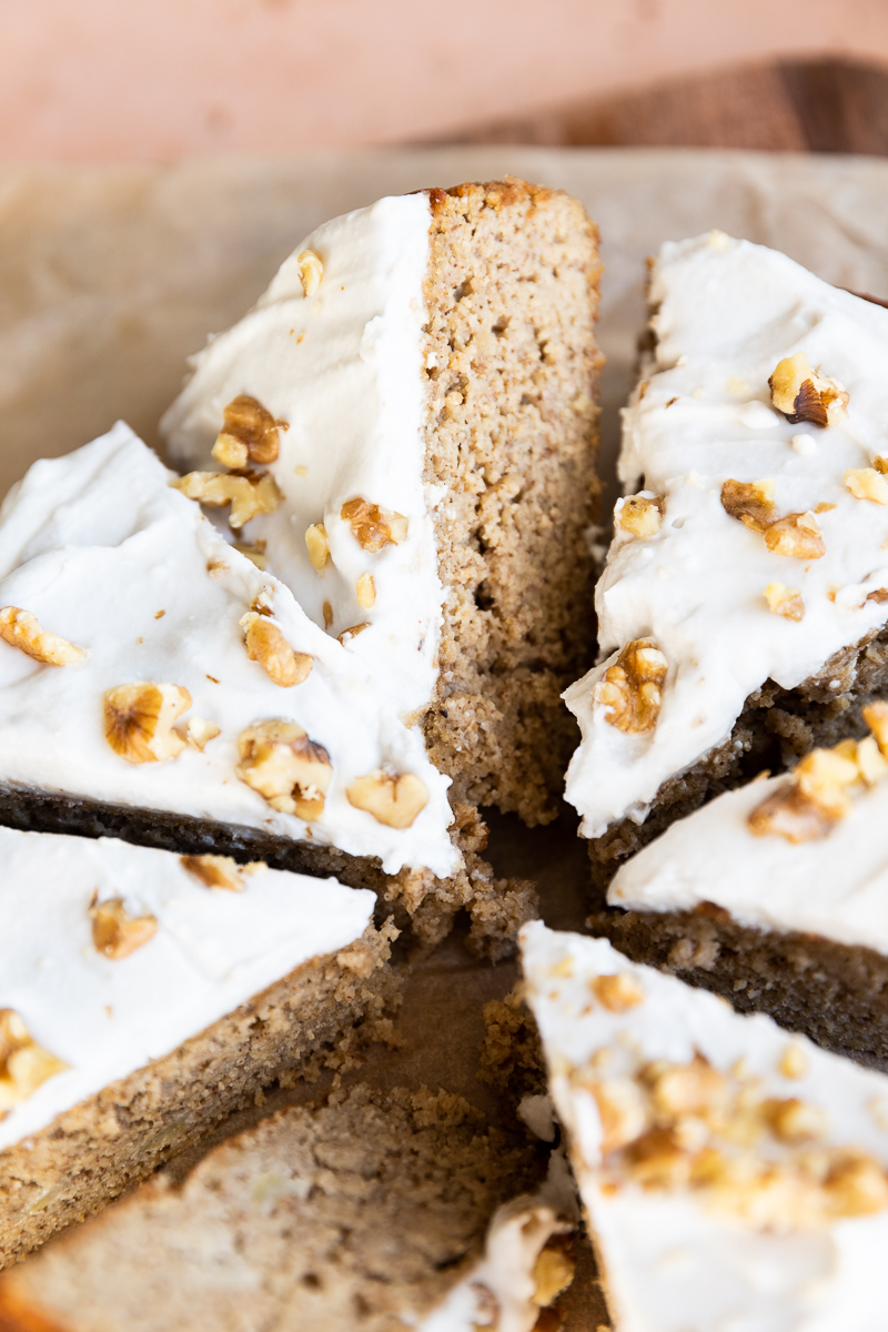 Gluten free banana cake slices leaning up against each other.