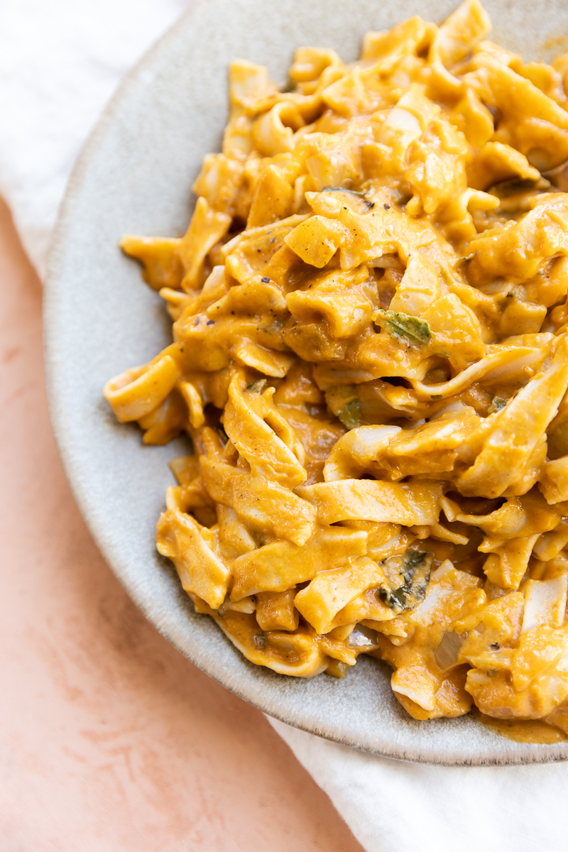 Ceramic plate with fettucine tossed in creamy pumpkin pasta sauce.