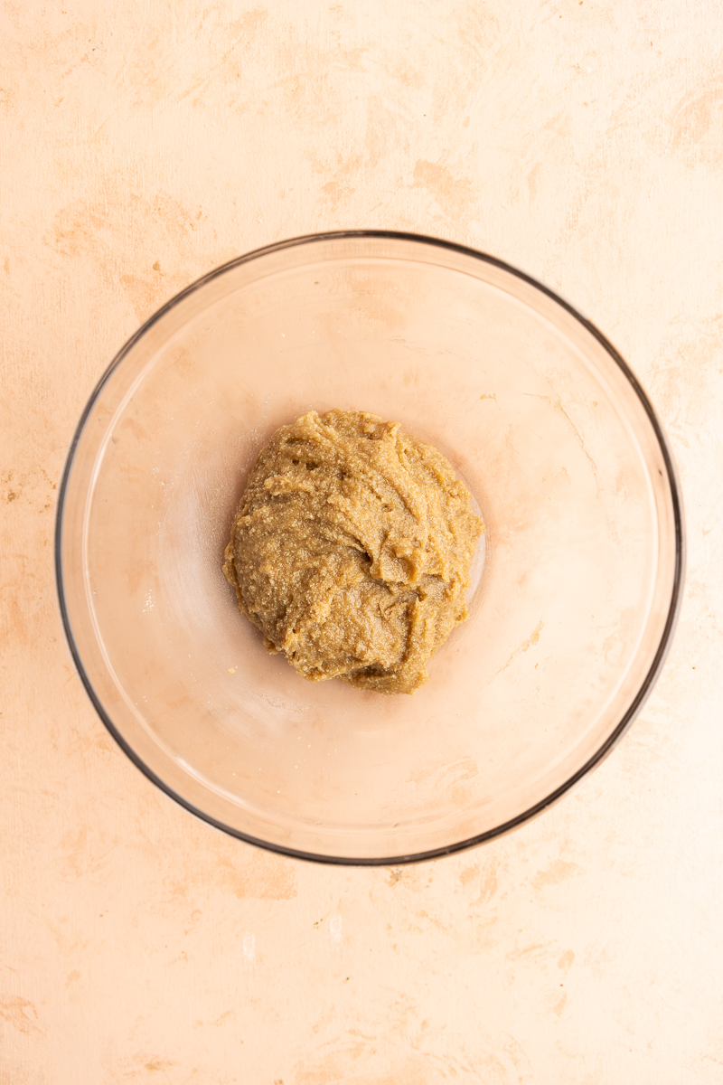 Cookie dough in mixing bowl.