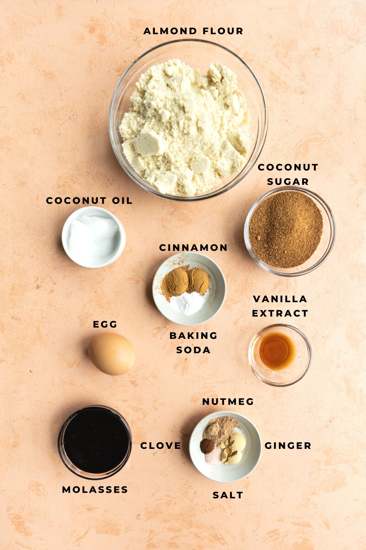Ingredients for molasses cookies measured out into small bowls.