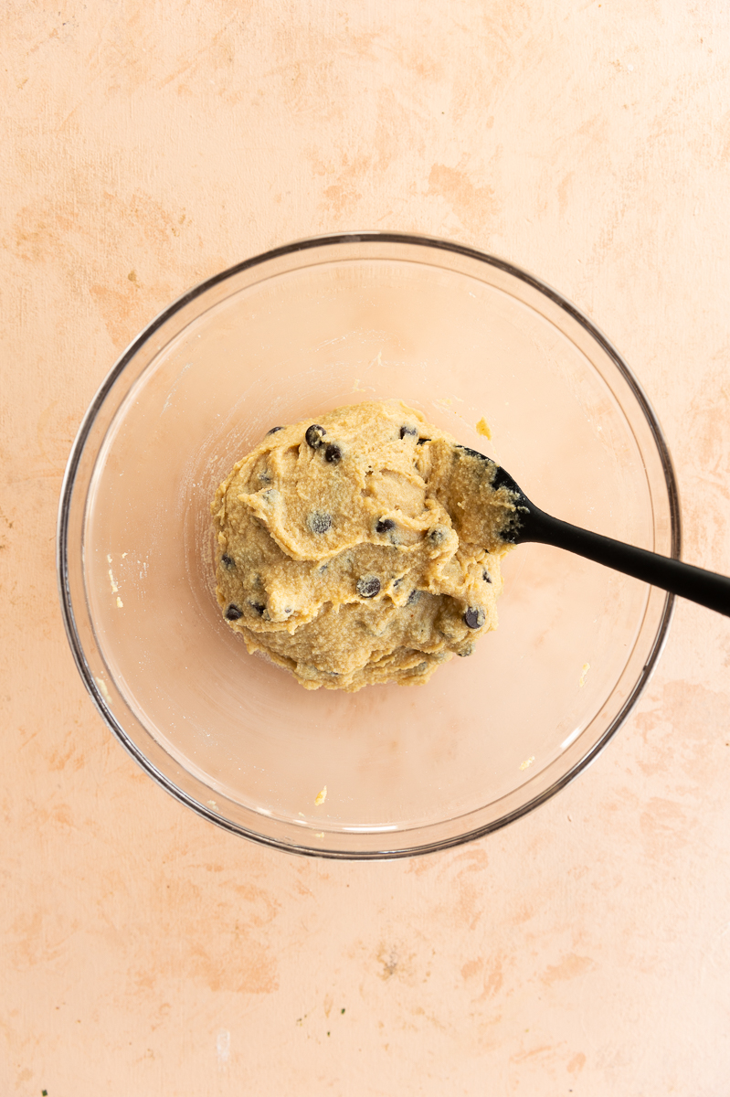 Cookie dough in mixing bowl.