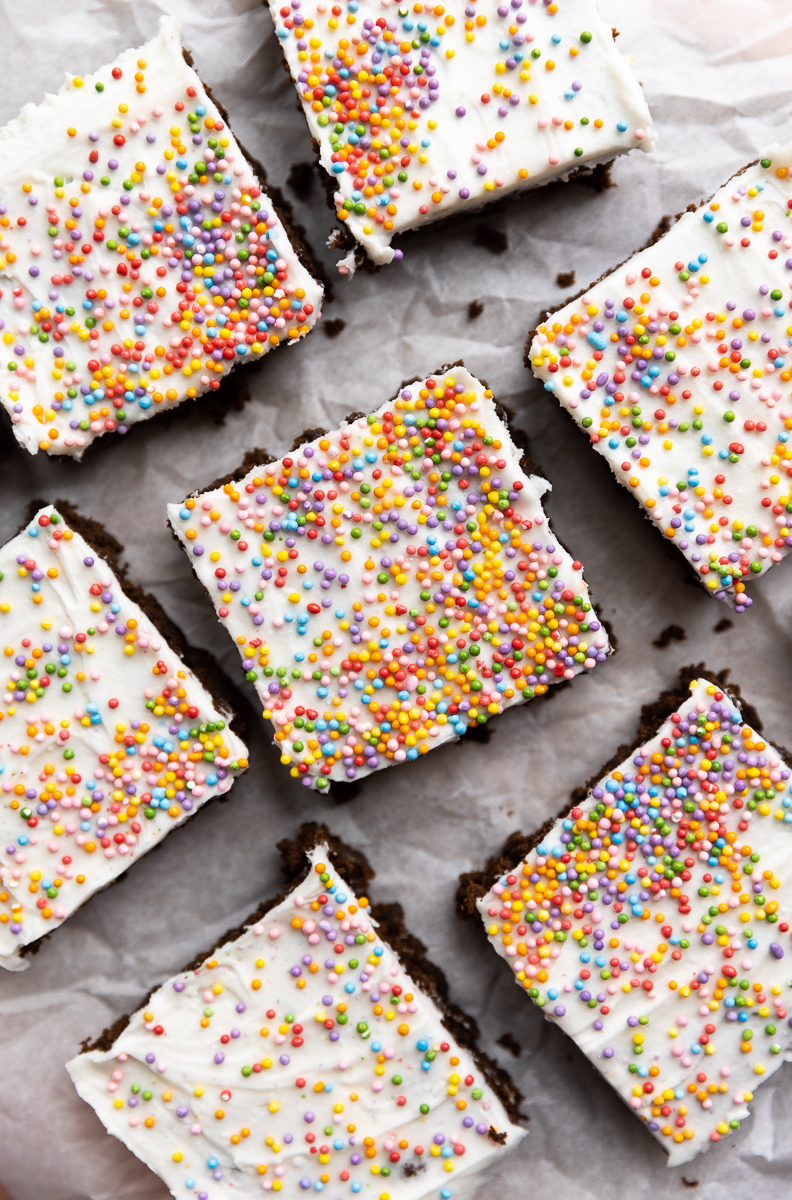Overhead picture of gingerbread bars on parchment paper.