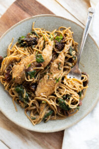 Plate of tuscan chicken pasta.