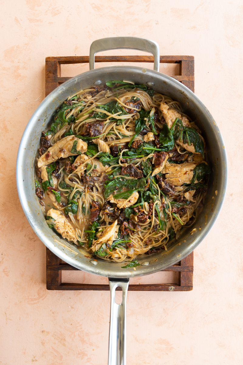 Finished Tuscan chicken in pot.