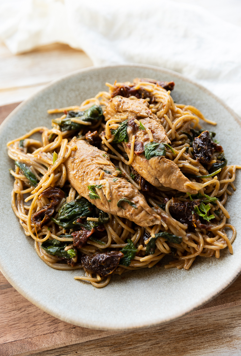Plate of tuscan chicken pasta.