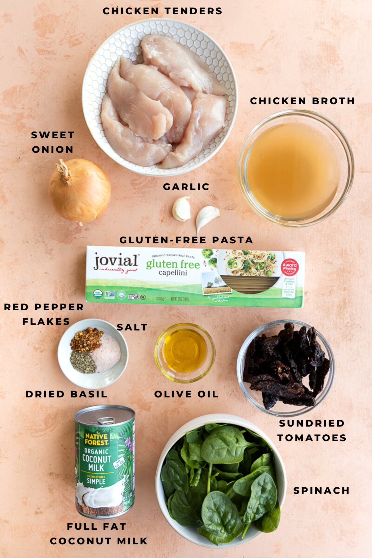 One pot tuscan chicken pasta ingredients measured out.