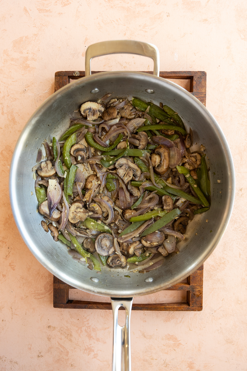 Cooked vegetables in large skilet.