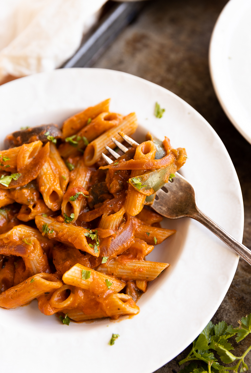 Close up picture of fork in pasta dish.