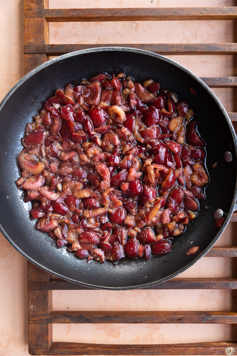 Cherries in a skillet.