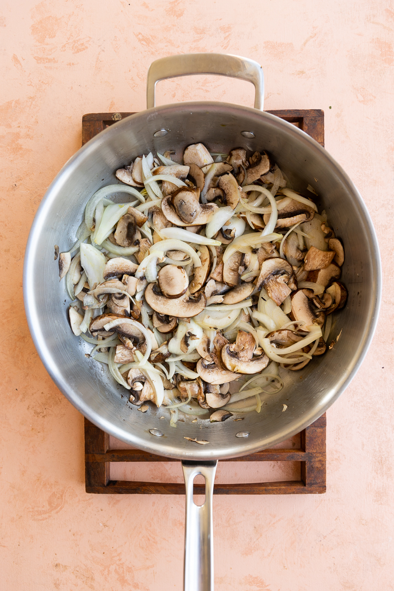 Mushrooms and onions in a pan.