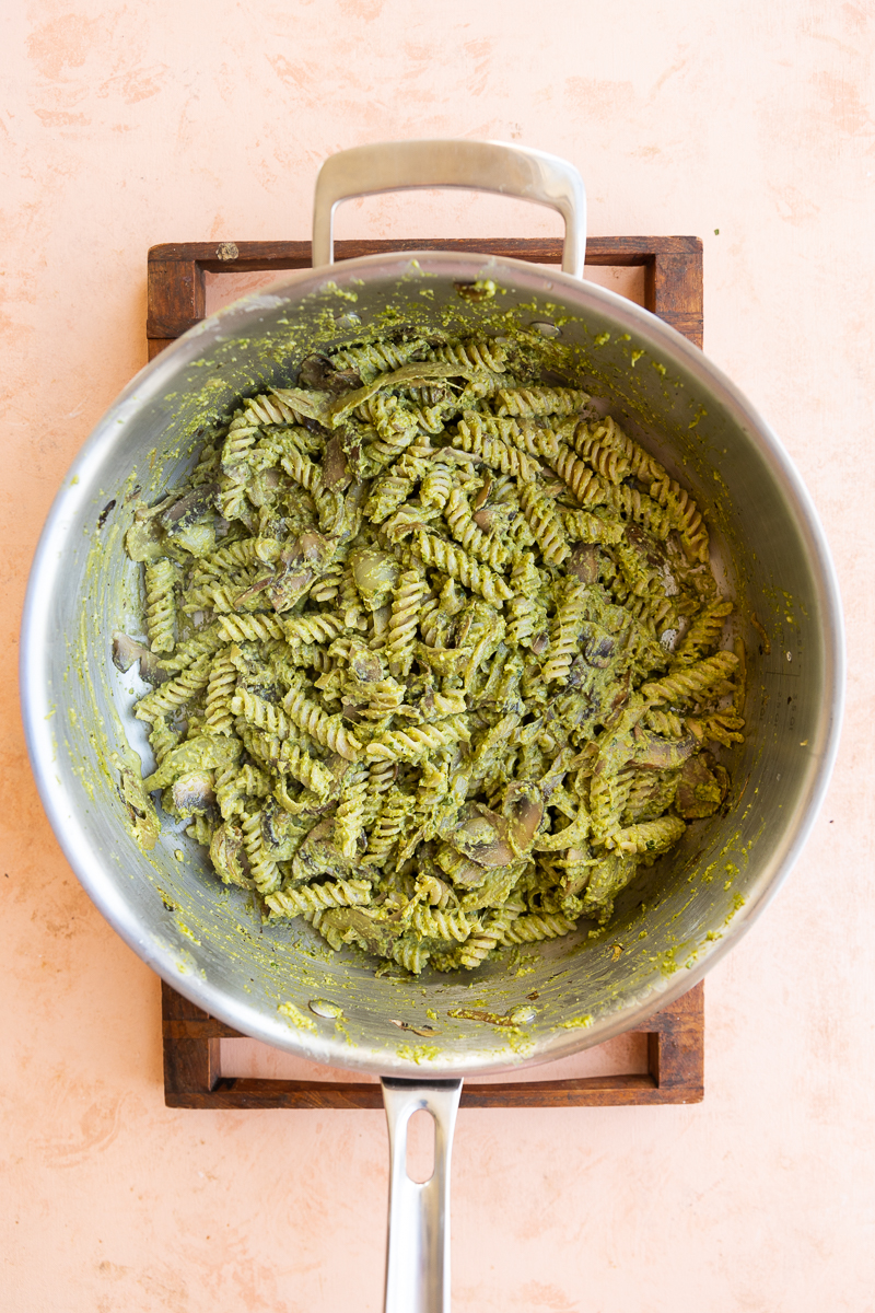 Pesto mushroom pasta in pan.