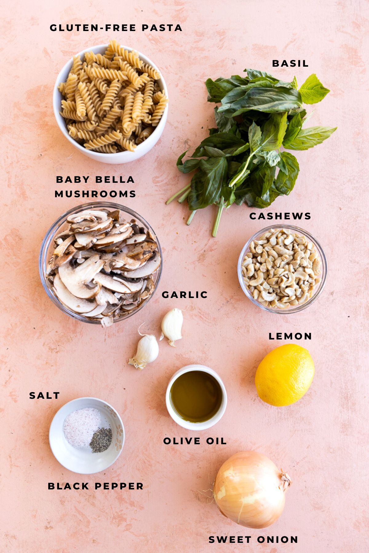 Ingredients measured out for pesto mushroom pasta.
