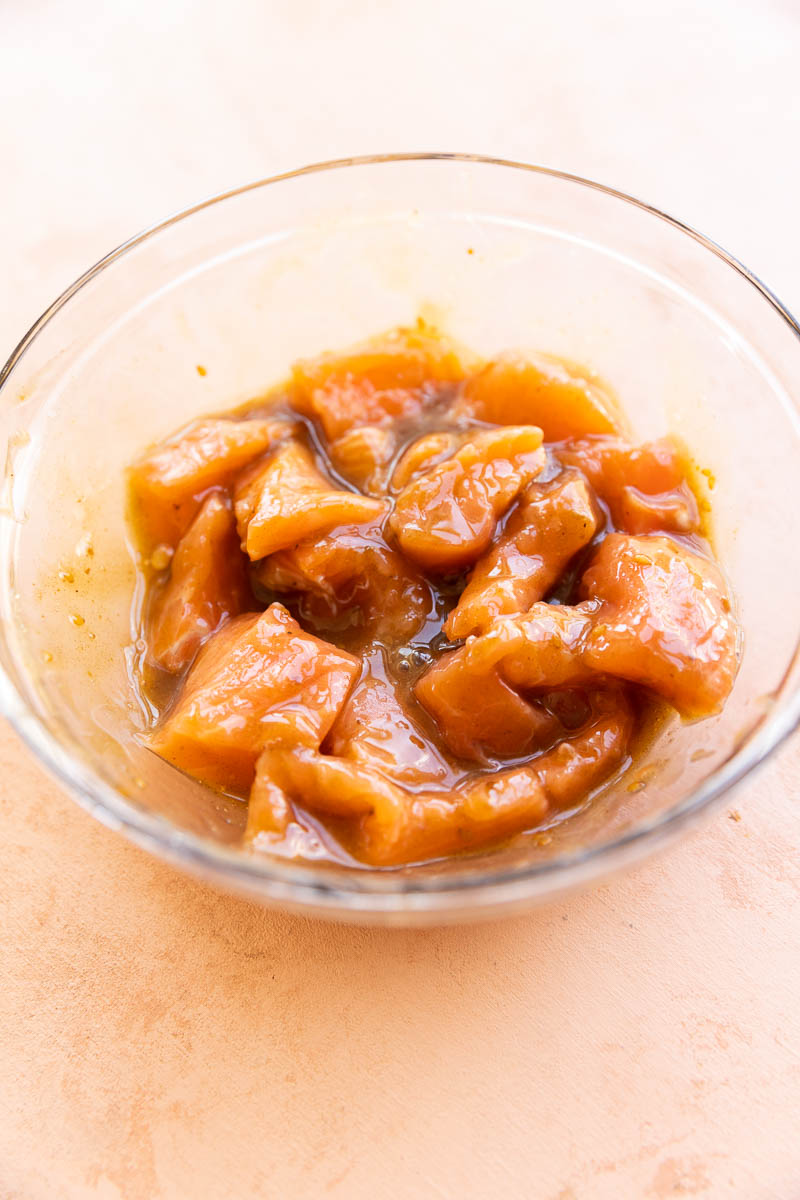Salmon marinating in teriyaki sauce.