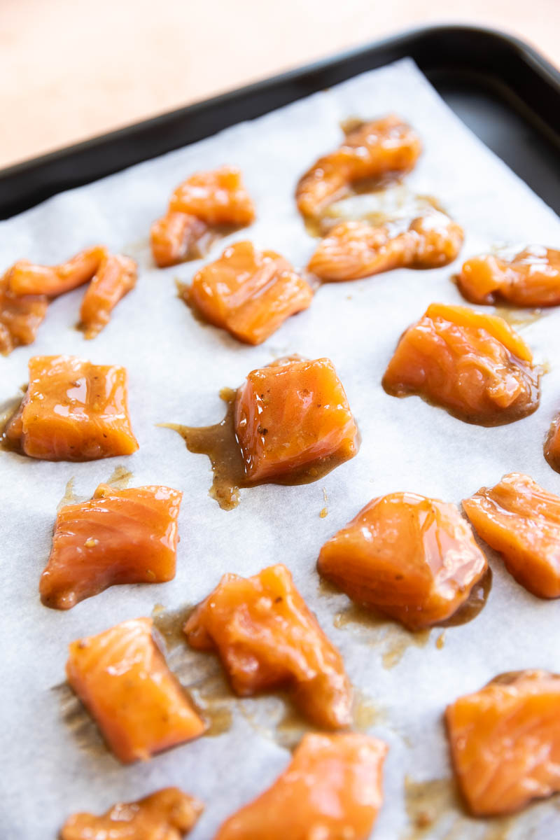 Salmon on a baking tray.