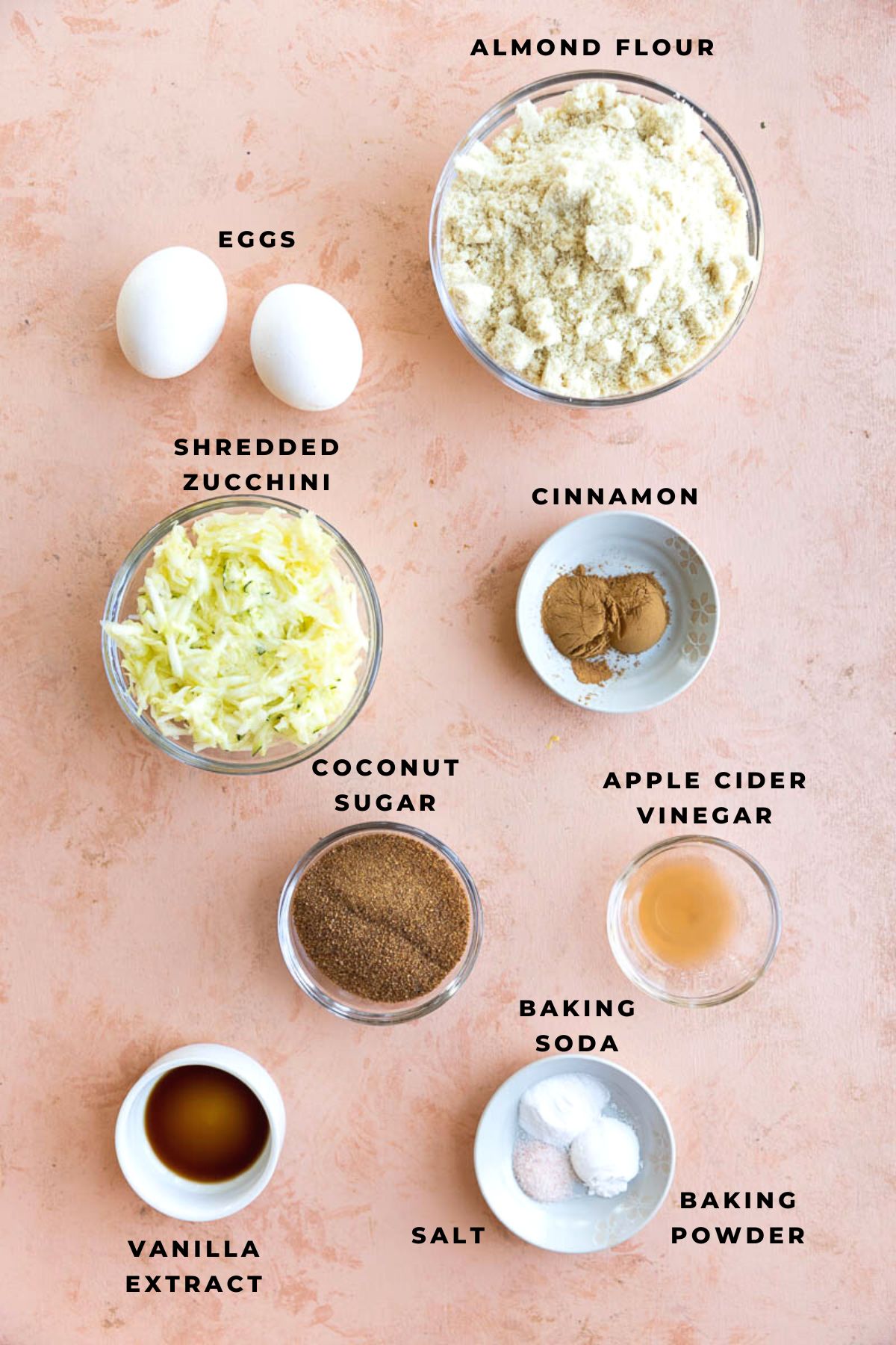 Ingredients measured out for almond flour zucchini muffins.