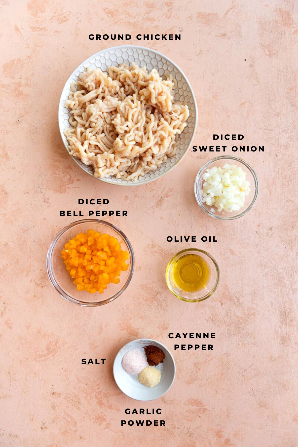 Ingredients measured out for spicy chicken burgers.