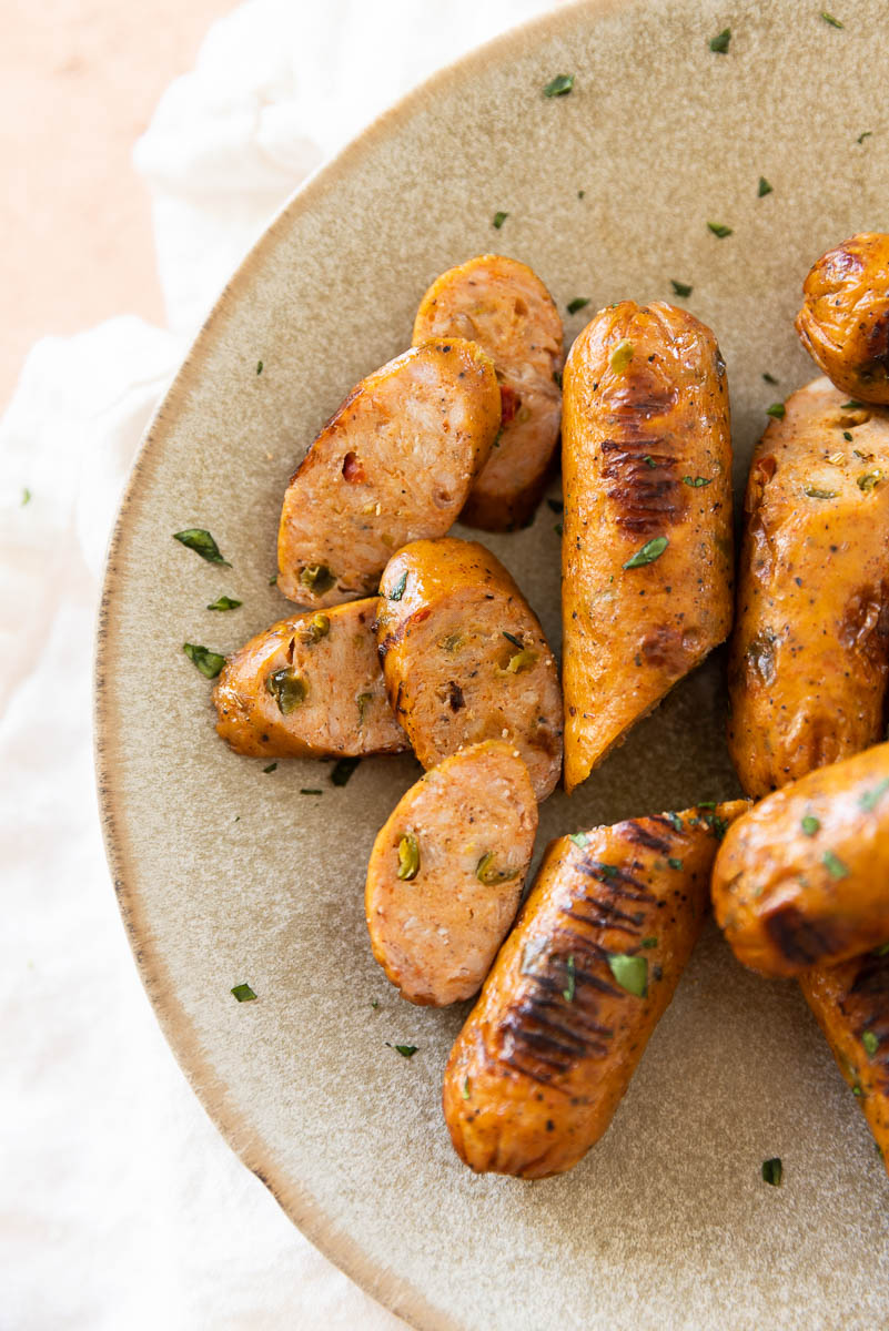 Crispy chicken sausage cut into small pieces.