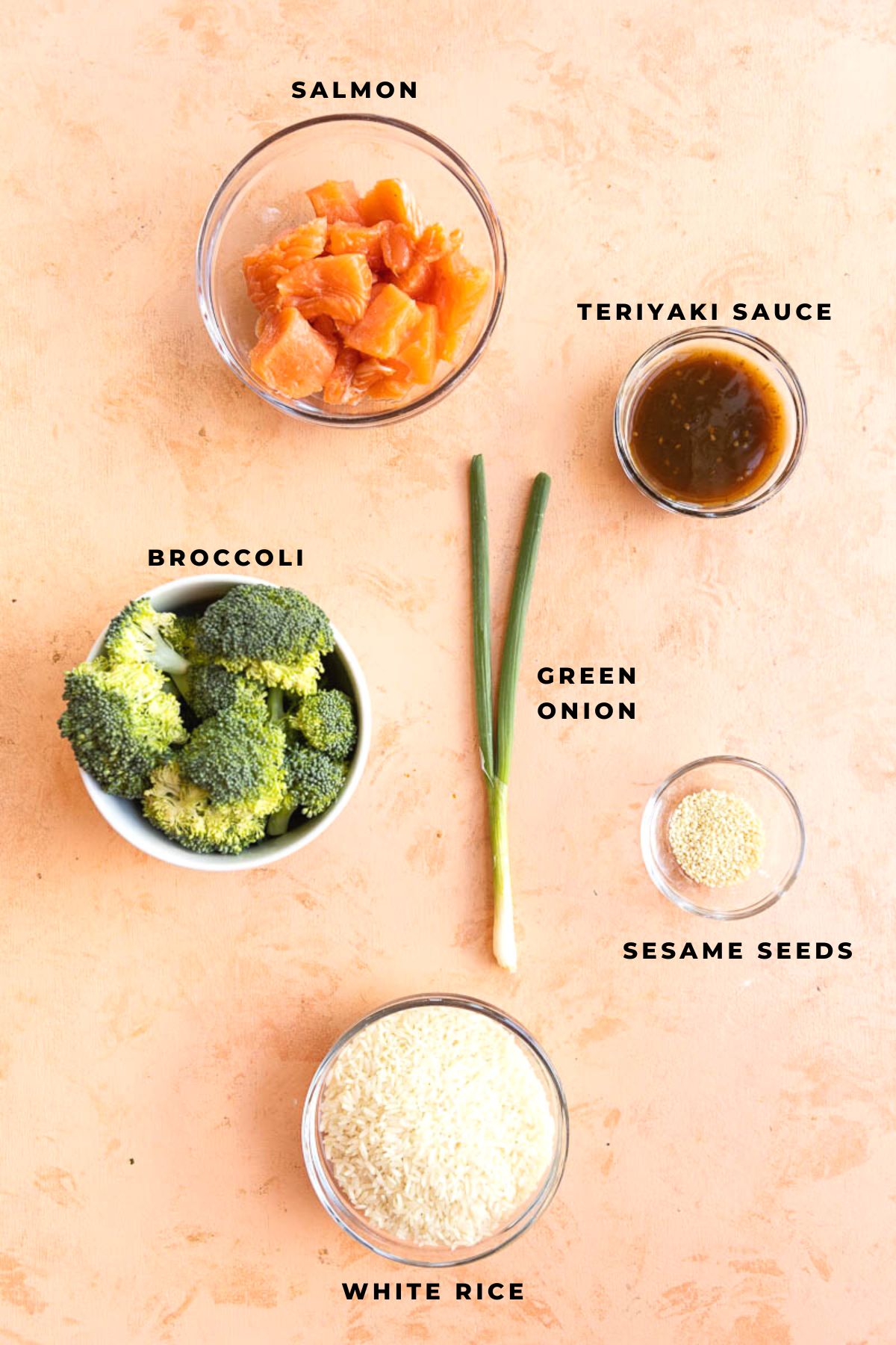 Ingredients for air fried salmon bowls.