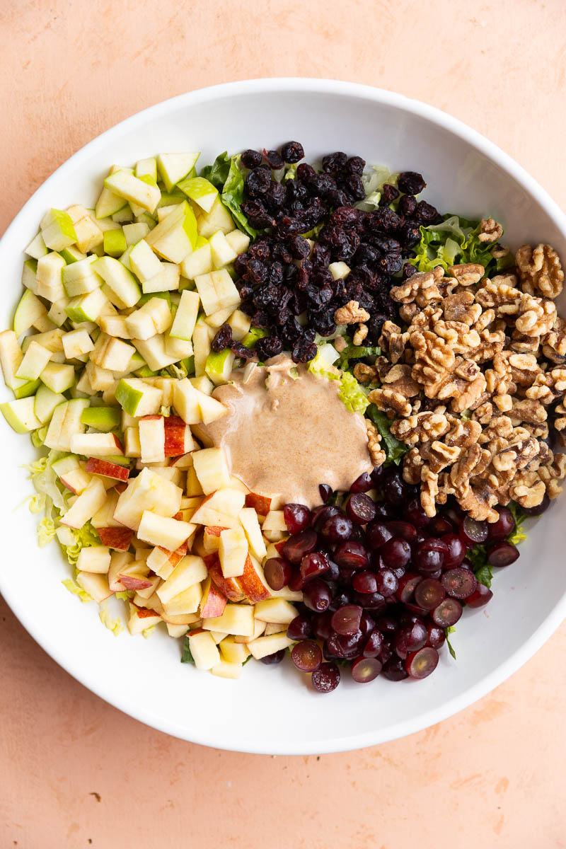 All salad ingredients in bowl before being mixed up.