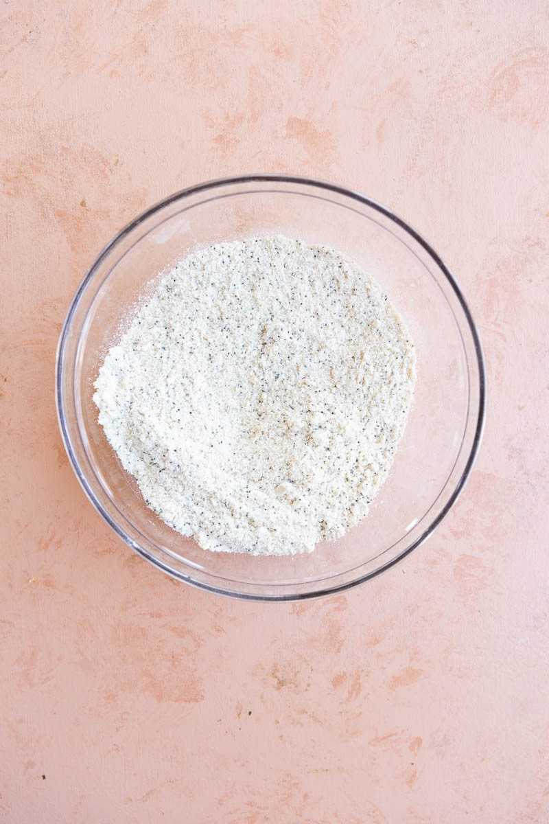 Lemon poppyseed cupcake dry ingredients in mixing bowl.