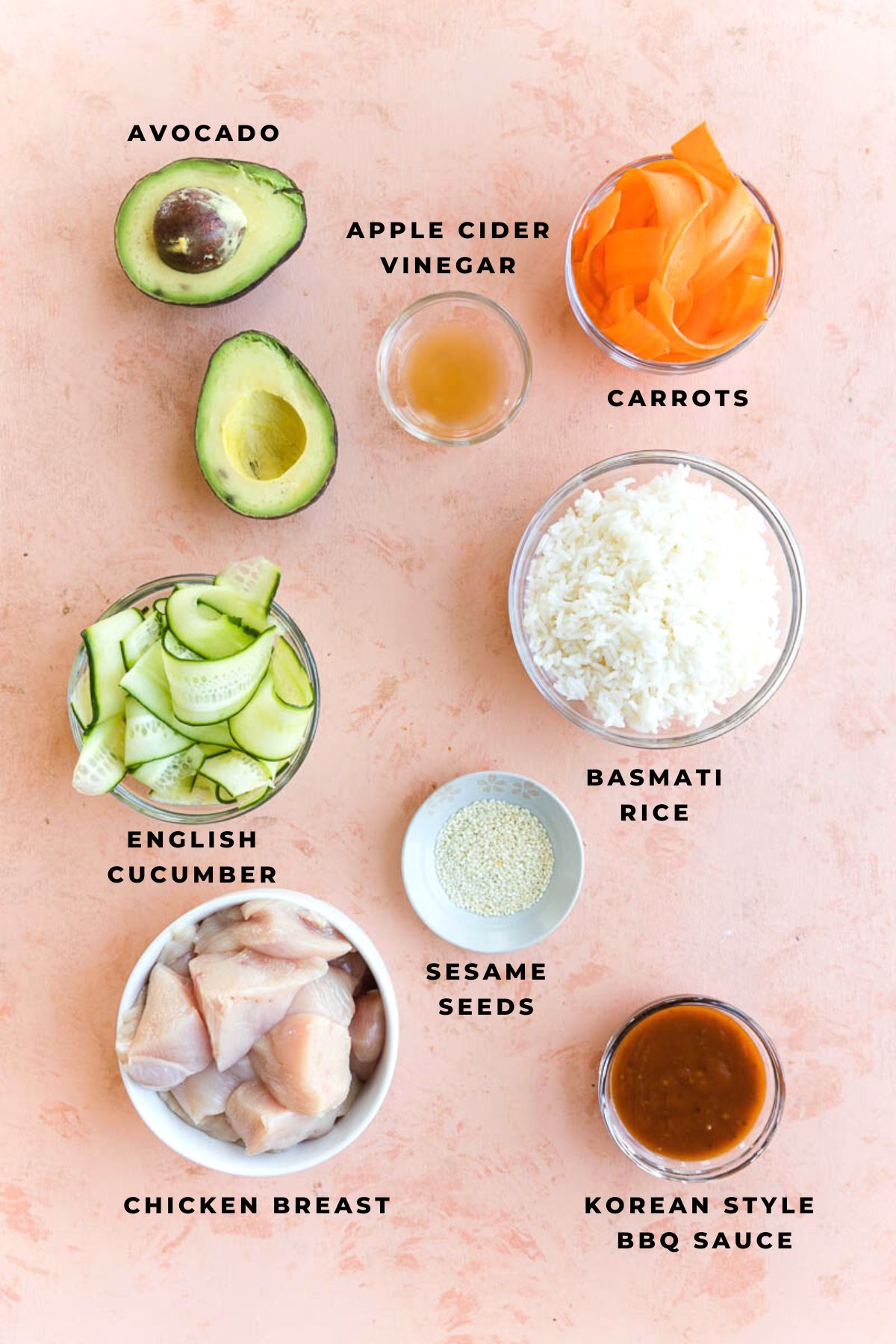 Ingredients measured out for Korean BBQ chicken rice bowls.
